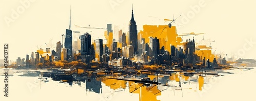 A skyline of the city of New York, with skyscrapers and buildings painted in an abstract style