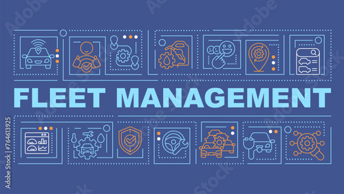 Fleet management blue word concept. Operational costs reduce. Typography banner. Flat design. Vector illustration with title text, editable line icons. Ready to use. Arial Black font used