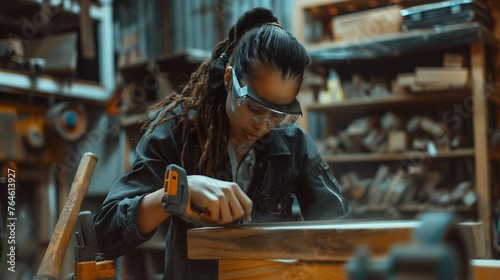 Artisan at work in woodshop. A multiethnic woman wearing safety goggles is focused on planing a wooden plank, showcasing her skill in a carpentry workshop. © Maxim