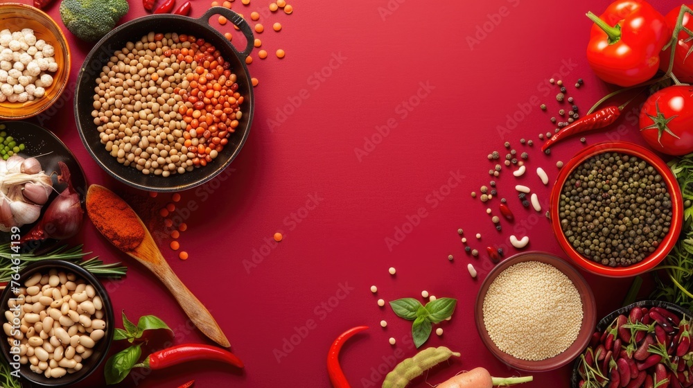 Assorted legumes and vegetables on red background. Assorted legumes and vegetables on red background.