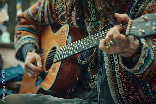 Closeup of musician playing acoustic guitar at a 1970s hippie festival capturing a retro vibe. Concept 1970s, Musician, Acoustic Guitar, Hippie Festival, Retro Vibes photo