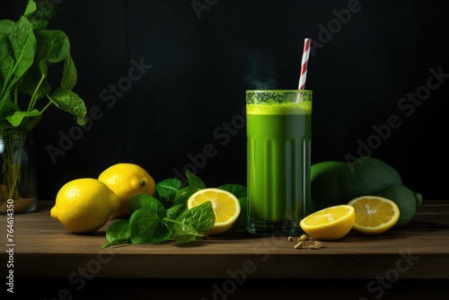 Fresh Spinach and Lemon Juice on Dark Background
