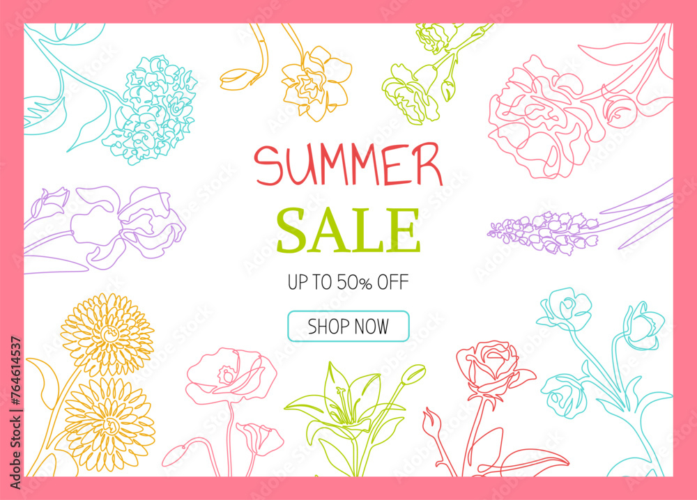 Summer sale banner. Colorful line flowers, outline flowers, seasonal discount flyer design. Garden bouquet advertising. Spring botanical elements isolated on white background. Vector illustration