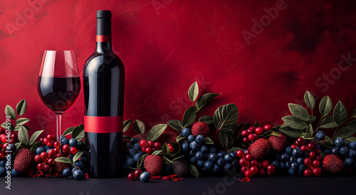 Bottle and glass of red wine with red berries, leaves and dark grapes on a red background