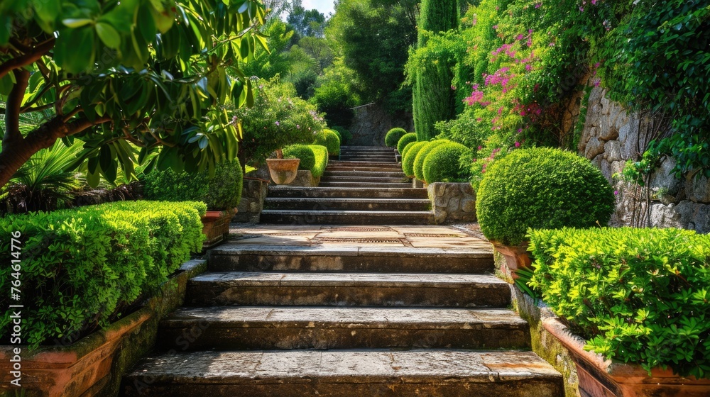 Sunlit Garden Path with Lush Greenery and Stairs