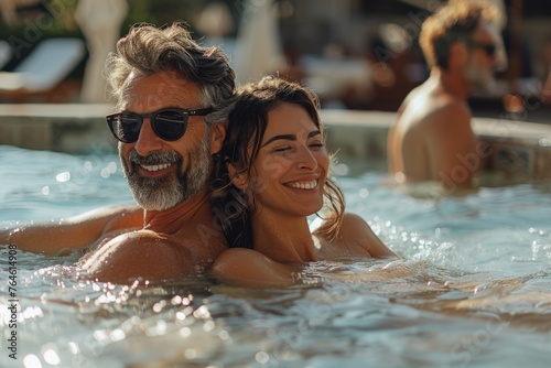 Happy couple relaxing in a jacuzzi. Warm toned close-up with soft focus.