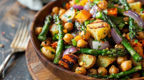 Roasted vegetable salad with chickpeas and fresh herbs.