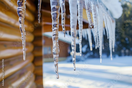 closeup of icicles hanging from a cabins roof edge