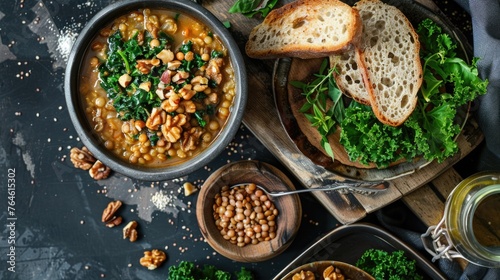 Lentil soup with kale and nuts in a ceramic bowl. Healthy vegan meal concept.