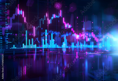 Stock Market Trends Under Blue and Purple Neon Glow: Dynamic Perspective and Depth in Financial Illustration