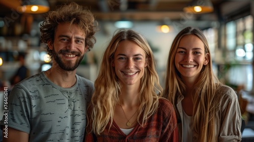 Group of three friends smiling together in a cafe.