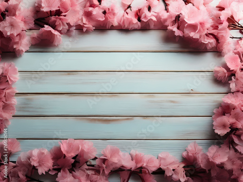 flat lay photo of sakura flowers (cherry blossoms) on bottom left and bottom right of a wooden background with copy space in the middle