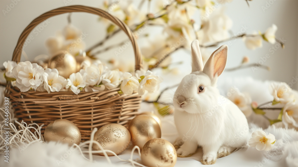 golden easter eggs with flowers in a basket, white rabbit vintage style on white background: