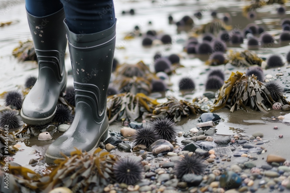 person in rubber boots walking carefully among sea urchins at low tide - obrazy, fototapety, plakaty 