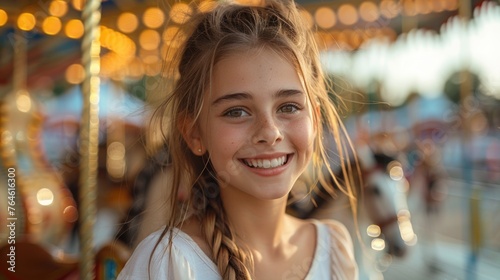 Happy child with a bright smile in a carnival setting.