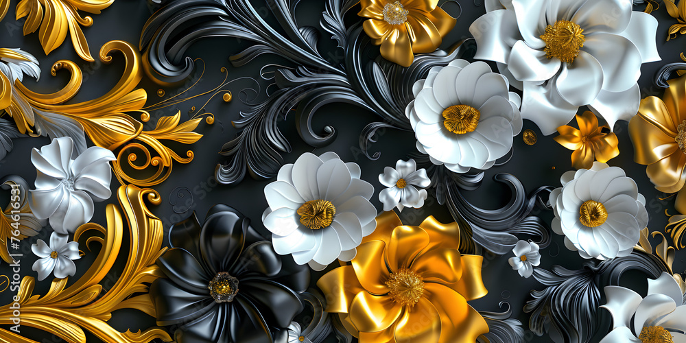 A black and white wallpaper with gold leaves and a white and blue leaf pattern
