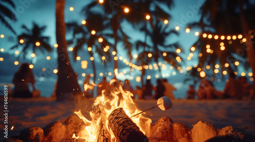 Tropical Beach Bonfire with Festive Lights at Dusk