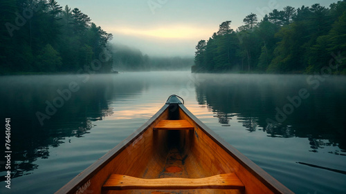 Canoe bow on a misty lake with forest backdrop, serene and tranquil morning. photo
