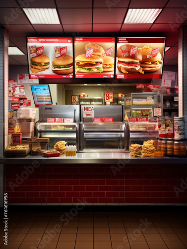 Counter service at hamburger fast food restaurant, Burger shop interior, Entrance to order food in front of the counter