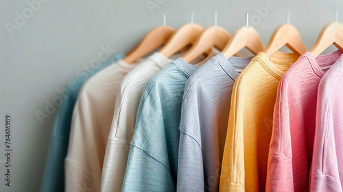 Assortment of pastel-colored long-sleeve tops on hangers, soft hues, clean layout.