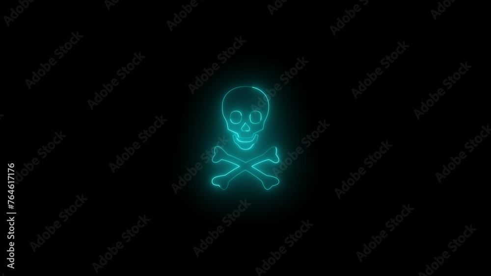Neon glowing cyan skull and crossbones icon animation in black background Neon glowing cyan skull and crossbones icon animation in black background