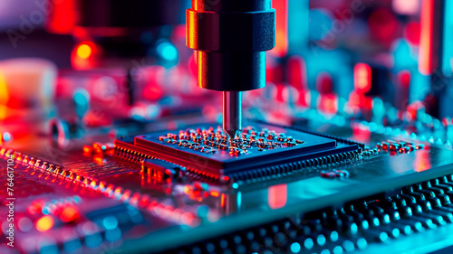 CNC machine drilling into a circuit board, vibrant blue and red lighting, technology.