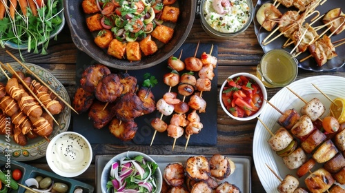 Outdoor barbecue party spread on wooden table.