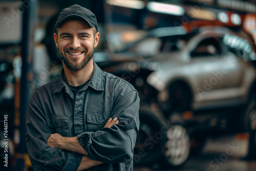 A mechanic in a blue uniform with hands crossed in a garage 