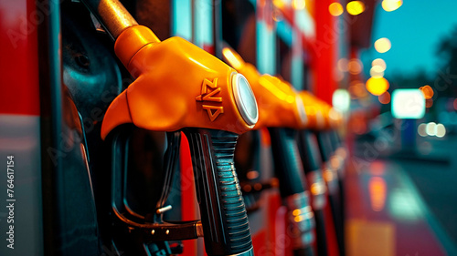 Fuel pump nozzles, vibrant colors, bokeh lights, energy and transportation theme.