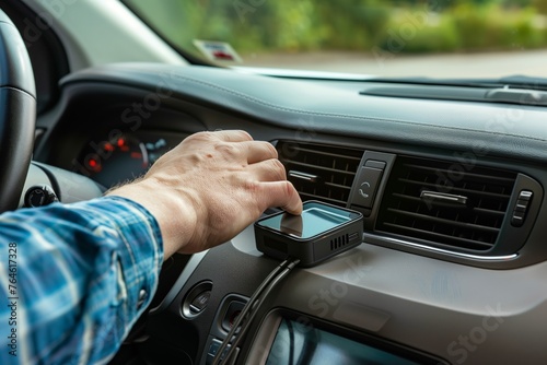 driver attaching a handsfree device to the dashboard © stickerside