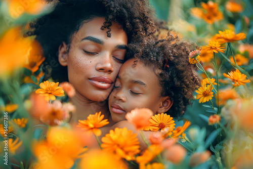 Colorful Blooms Embrace Black Mother and Son