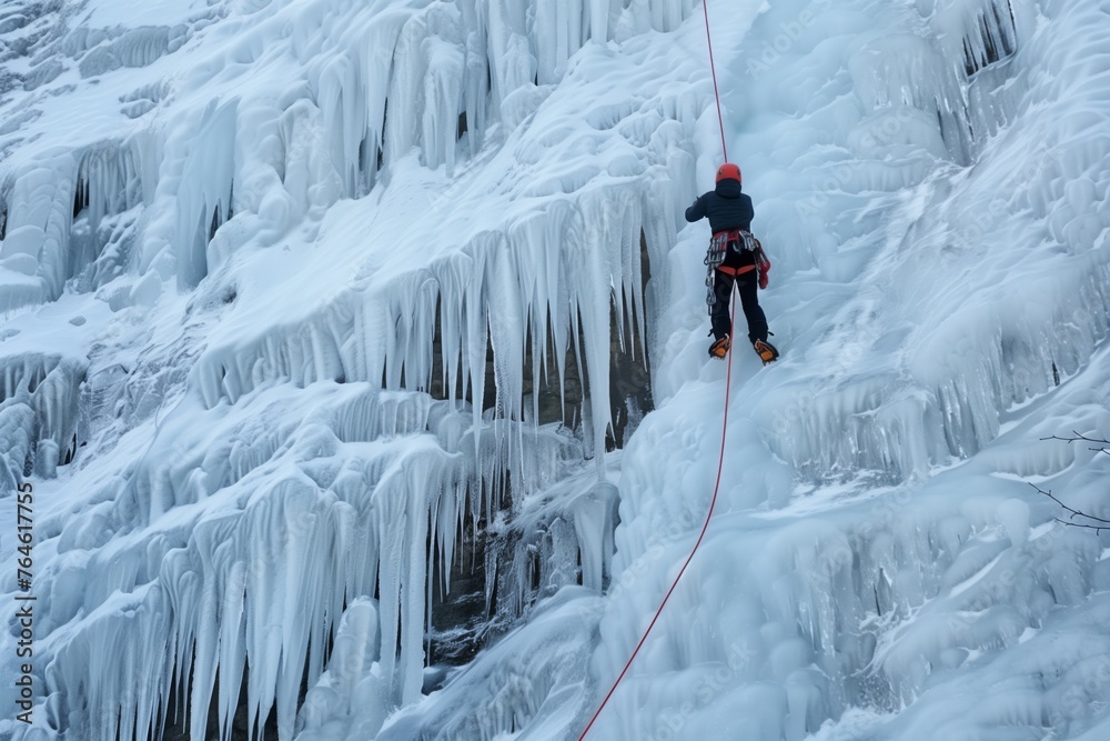 person rappelling down icy cascade with rope and harness