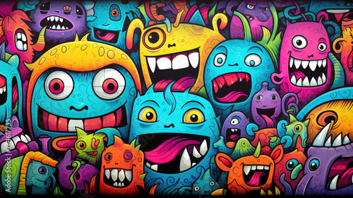 Abstract grunge urban pattern with monster character  Super drawing in graffiti style  bright vibrant retro colors  blue  pink  orange and purple  multicolors background.
