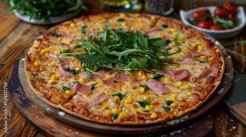 Freshly baked homemade pizza topped with ham, corn, and arugula on a wooden pizza board
