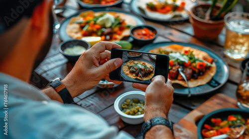 Person photographing food with smartphone at a table.