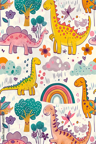 Colorful Pattern of Dinosaurs and Trees