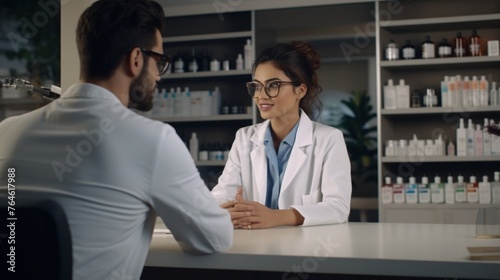A pharmaceutical sales representative engaged in an informative conversation with a female doctor, discussing the latest advancements in medical treatments and medications, captured with precision  photo
