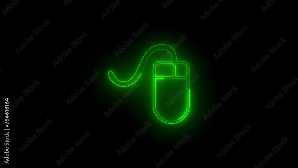 Neon glowing green computer mouse icon animation in black background Neon glowing green computer mouse icon animation in black background