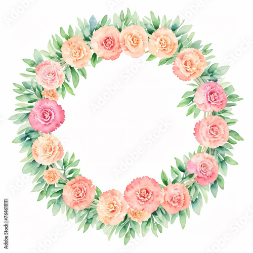 Watercolor pink carnation, carnation flowers wreath laurel. Decoration for Mother's day card, weddings, wedding design, wedding invitation.