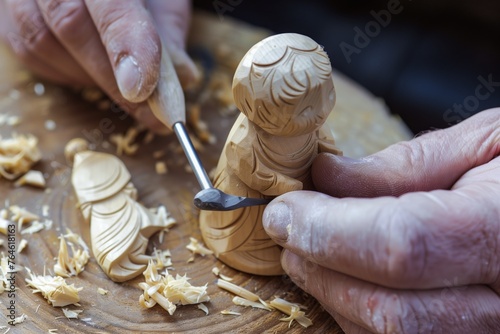 hands carving a wooden figurine with a gouge photo