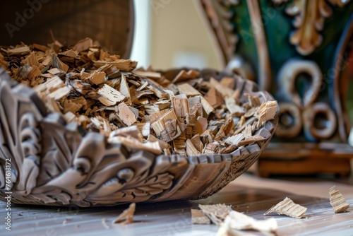 wood chips spilling from a decorative basket indoors