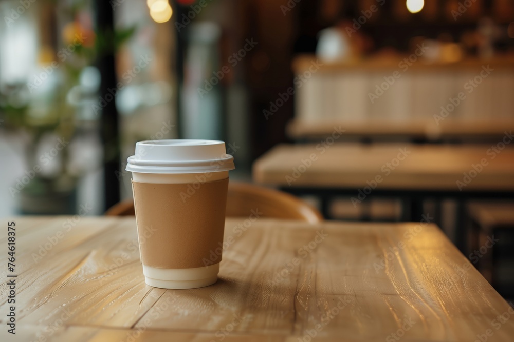Disposable coffee cup on a wooden table. Disposable coffee cup on a wooden table.