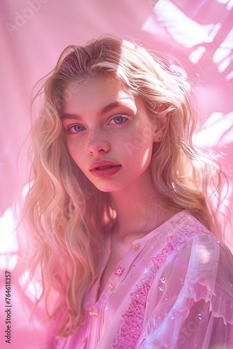 a beautiful blonde woman with pink background