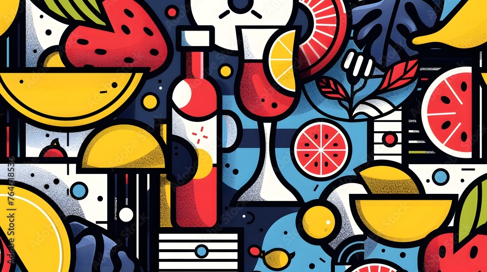 Obraz premium A lively and detailed illustration depicting a summer theme with fruits, cocktails, and citrus slices, ideal for festive and culinary concepts.