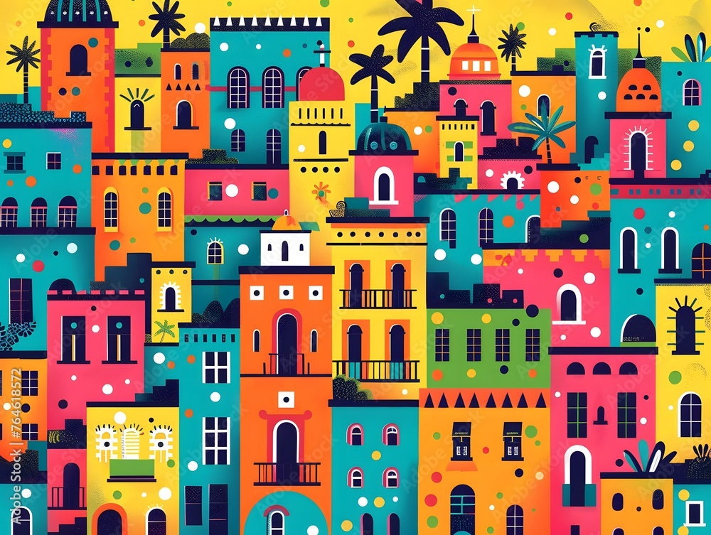 Bright and colorful abstract illustration of a Mediterranean-style town with playful patterns and palm trees, perfect for travel and cultural themes.