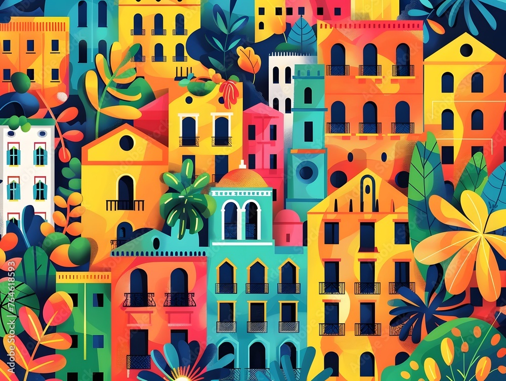 Perfect for travel and cultural themes, a bright and colorful abstract illustration features a Mediterranean-style town adorned with playful patterns and palm trees.