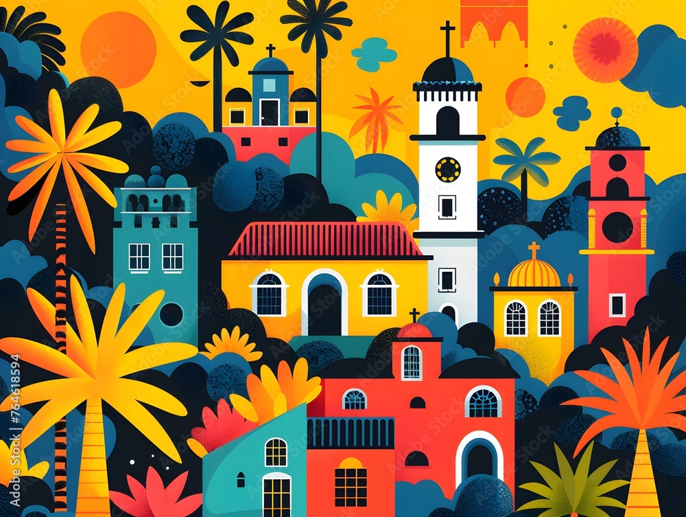 Featuring playful patterns and palm trees, a bright and colorful abstract illustration depicts a Mediterranean-style town, making it perfect for travel and cultural themes.