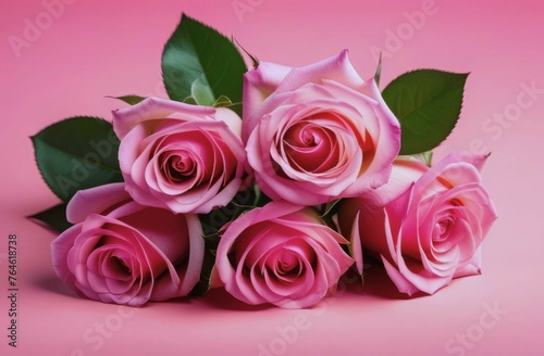 arrangement of five blooming pink roses against pink background. concepts  romantic occasions  spring season  greeting cards and invitations  floral beauty and botany