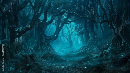  Dark forest panorama fantasy landscape. Mysterious background © Media Srock