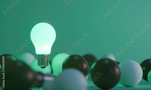 Glowing light bulb stands out among unlit bulbs on a serene teal background, representing innovation, ideas, and leadership in a minimalist concept - AI generated